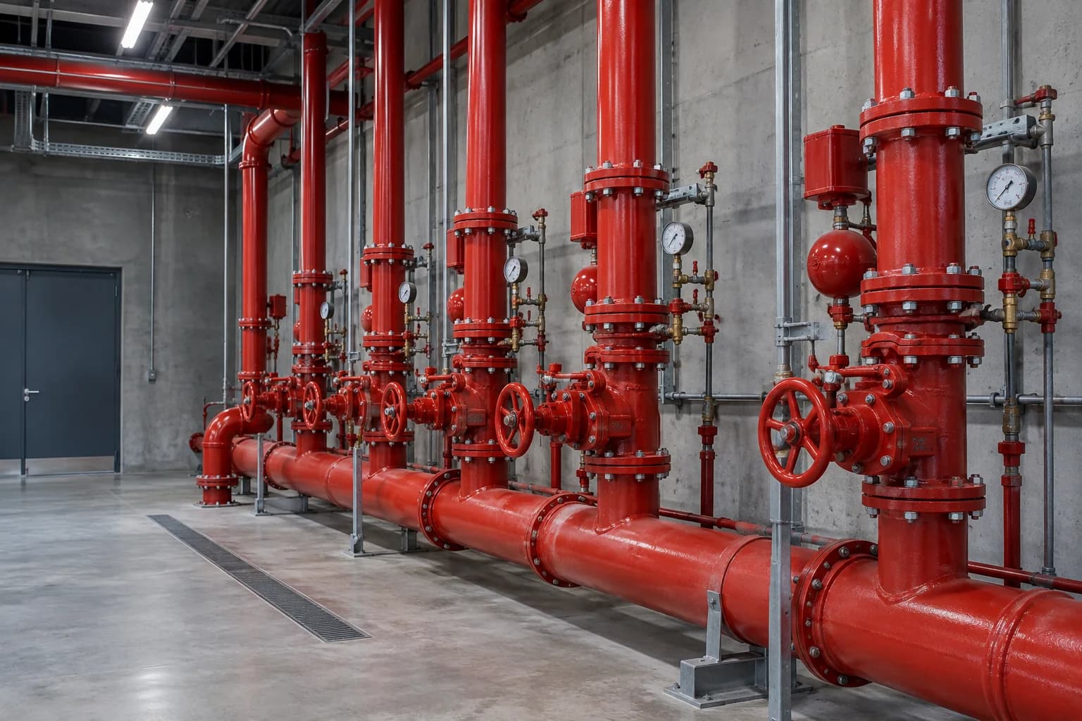 Illustrative fire sprinkler installation with red riser pipes and valve assemblies