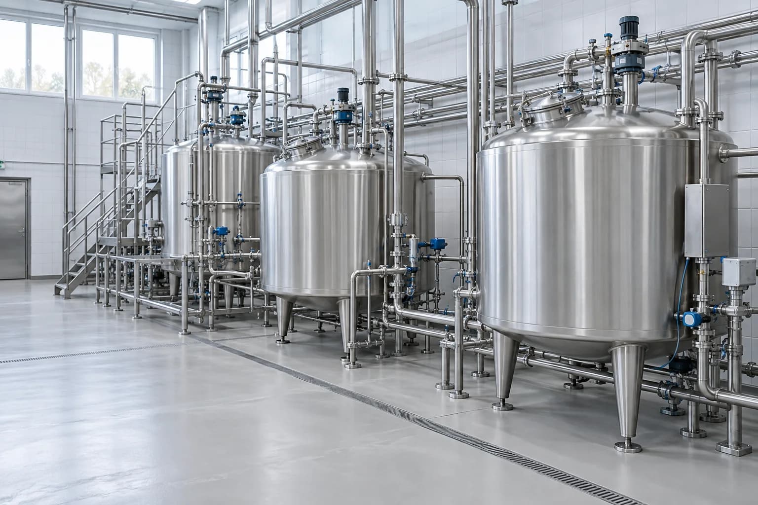 Illustrative hygienic process hall with stainless steel vessels and sanitary pipework