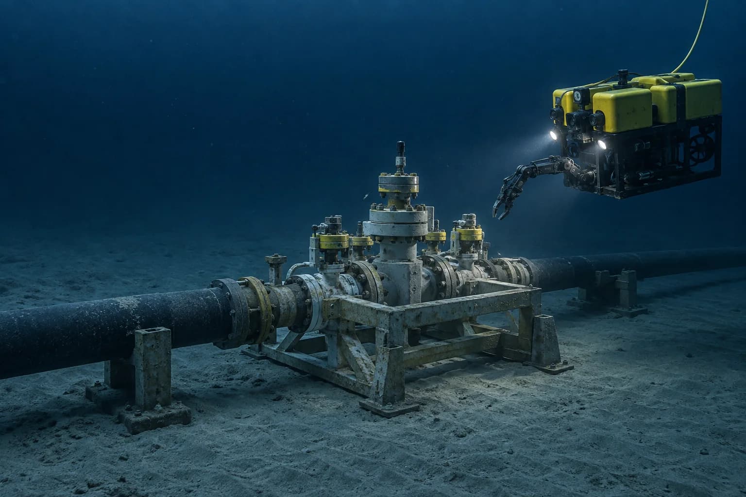 Illustrative remotely operated vehicle inspecting a seabed valve assembly
