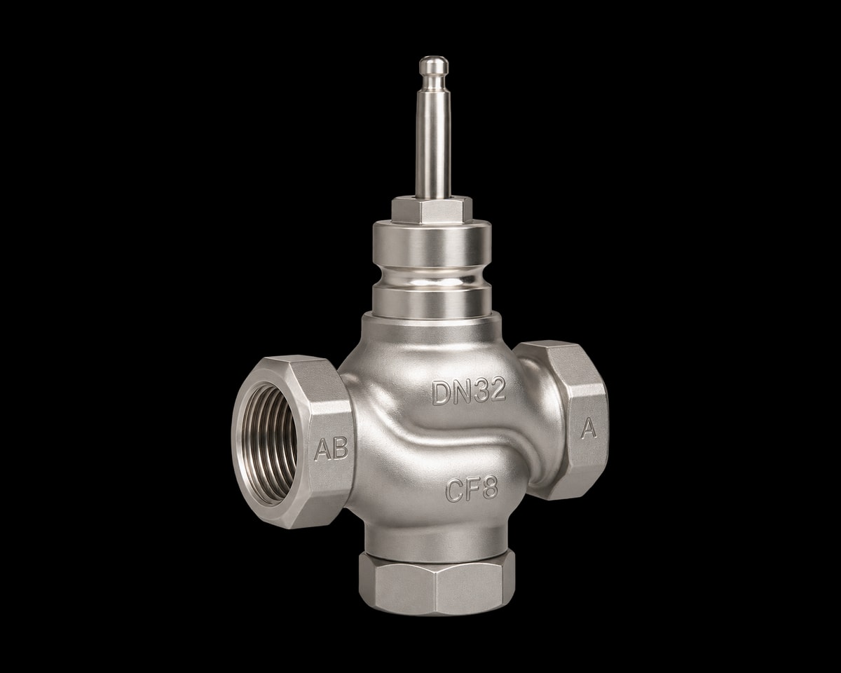 Stainless Steel Threaded Electric Three-way Control Valve, Nordic Valves model 6357-Y