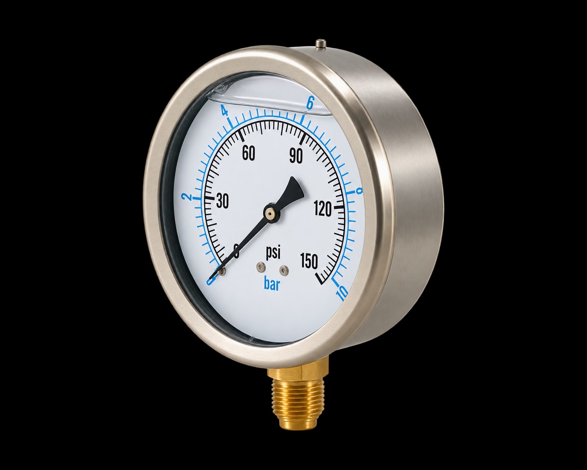 Stainless Steel Case Pressure Gauge — Brass Socket, Nordic Valves model S-B