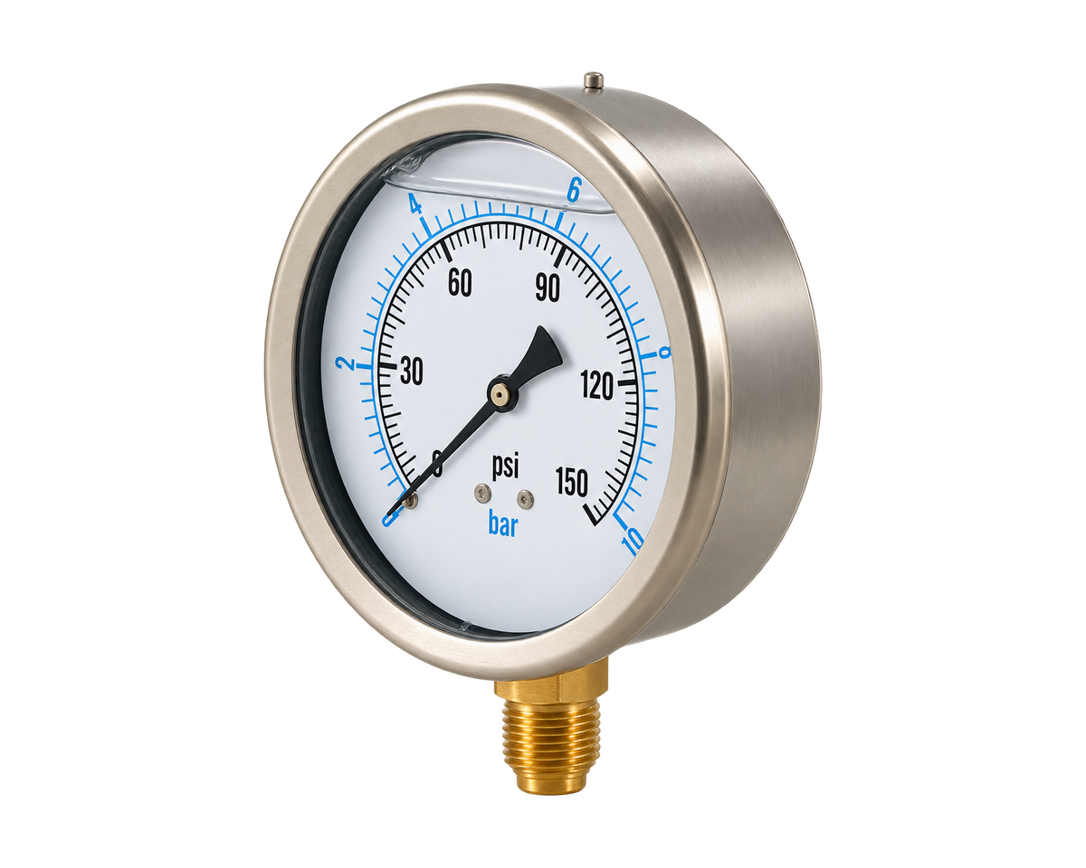 Stainless Steel Case Pressure Gauge — Brass Socket, Nordic Valves model S-B