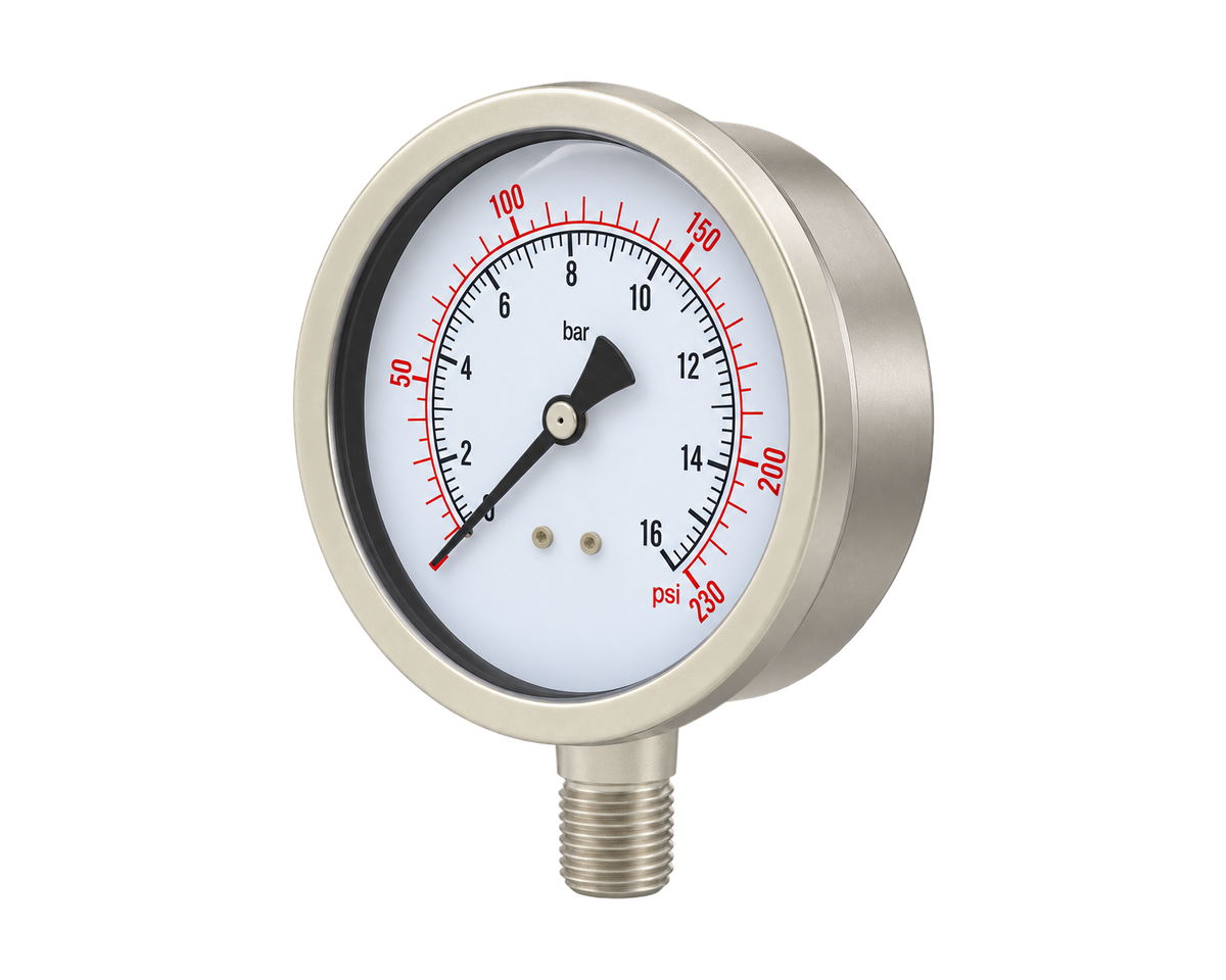 Stainless Steel Case Pressure Gauge — Stainless Socket, Nordic Valves model S-T